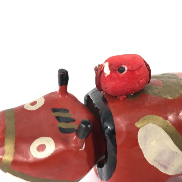 Japanese Red Cow Pair Vintage AKABEKO papier-mâché Lucky Charm Hand Made Folk - Picture 6 of 9